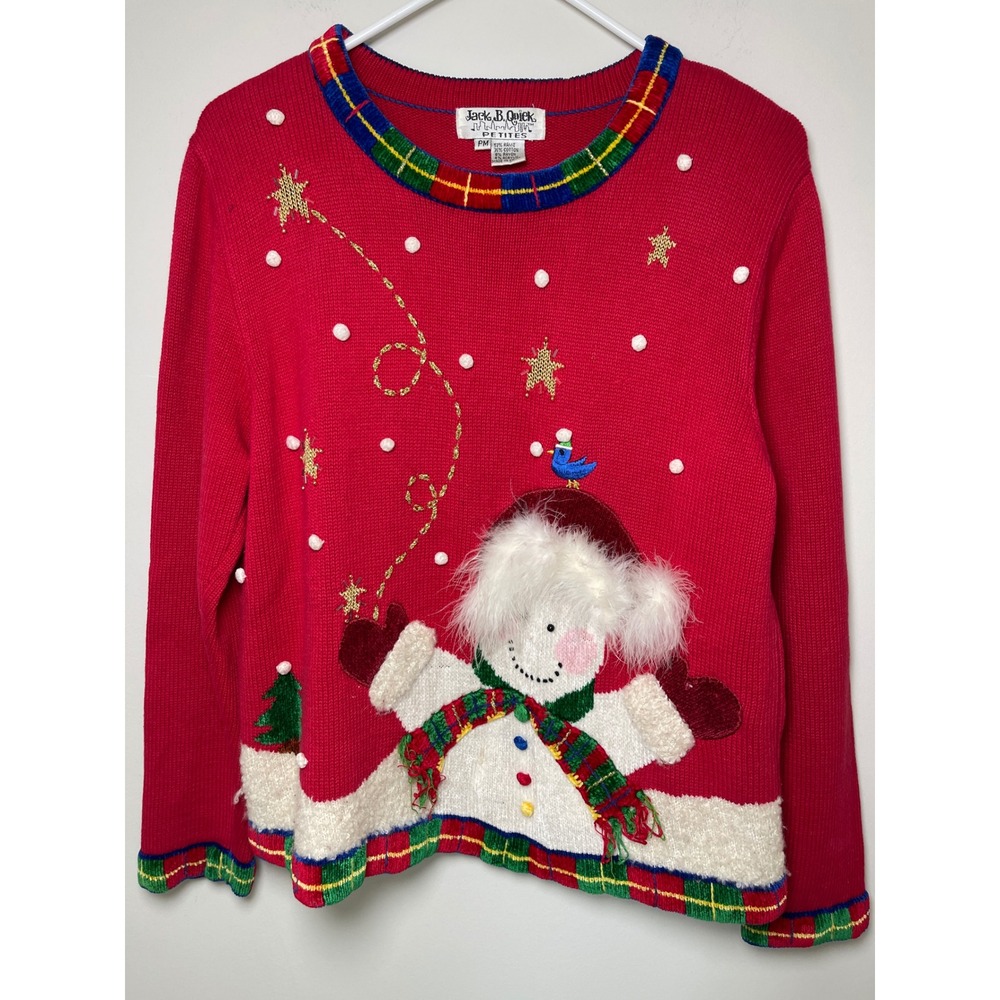 Vintage Jack B Quick 3D Snowman Embellished Red Holiday Christmas Sweater M P